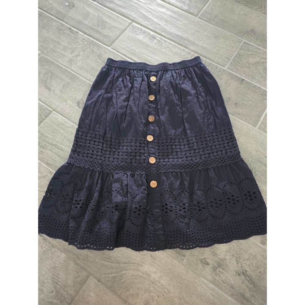 Dressnado Navy Blue Cotton Eyelet Lace Crochet Tiered Midi‎ Skirt Size Large